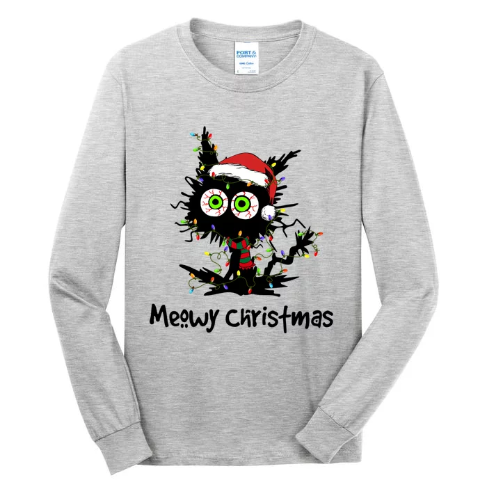 Meowy Christmas Black Cat Light Christmas Pajamas Funny Gift Tall Long Sleeve T-Shirt