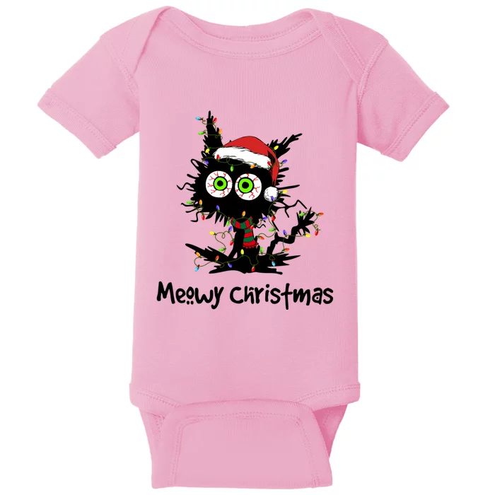 Meowy Christmas Black Cat Light Christmas Pajamas Funny Gift Baby Bodysuit