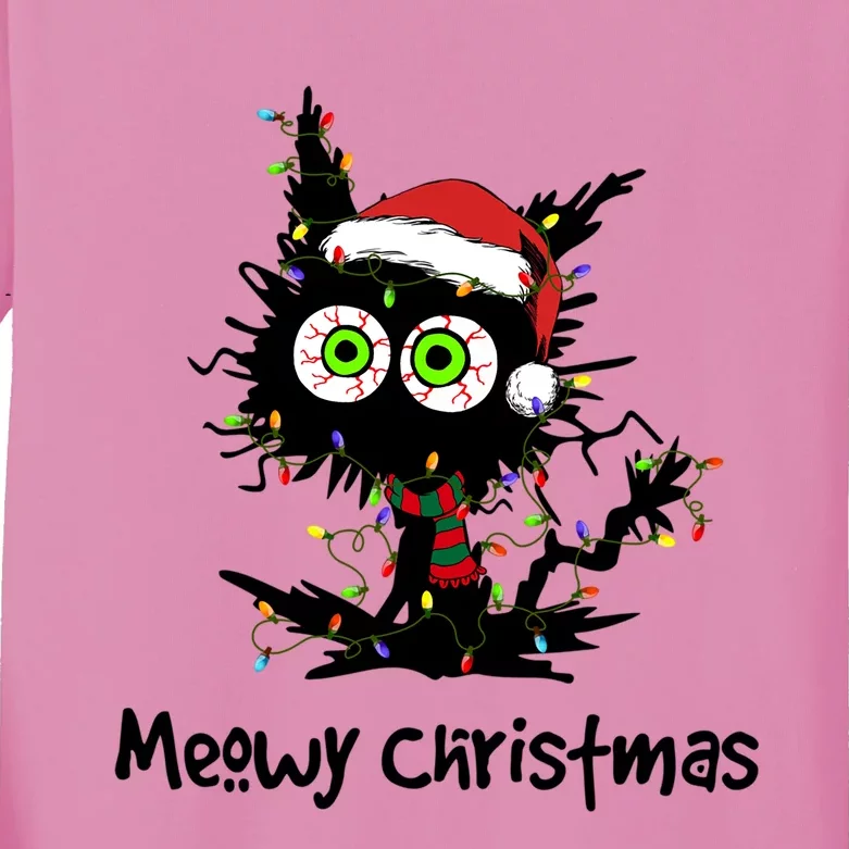 Meowy Christmas Black Cat Light Christmas Pajamas Funny Gift Kids Long Sleeve Shirt