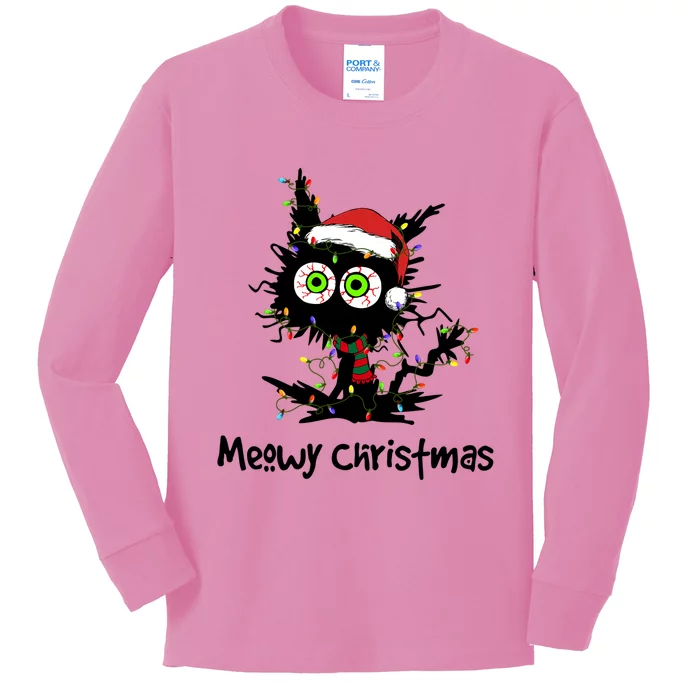 Meowy Christmas Black Cat Light Christmas Pajamas Funny Gift Kids Long Sleeve Shirt