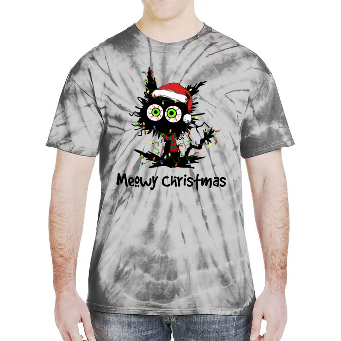 Meowy Christmas Black Cat Light Christmas Pajamas Funny Gift Tie-Dye T-Shirt