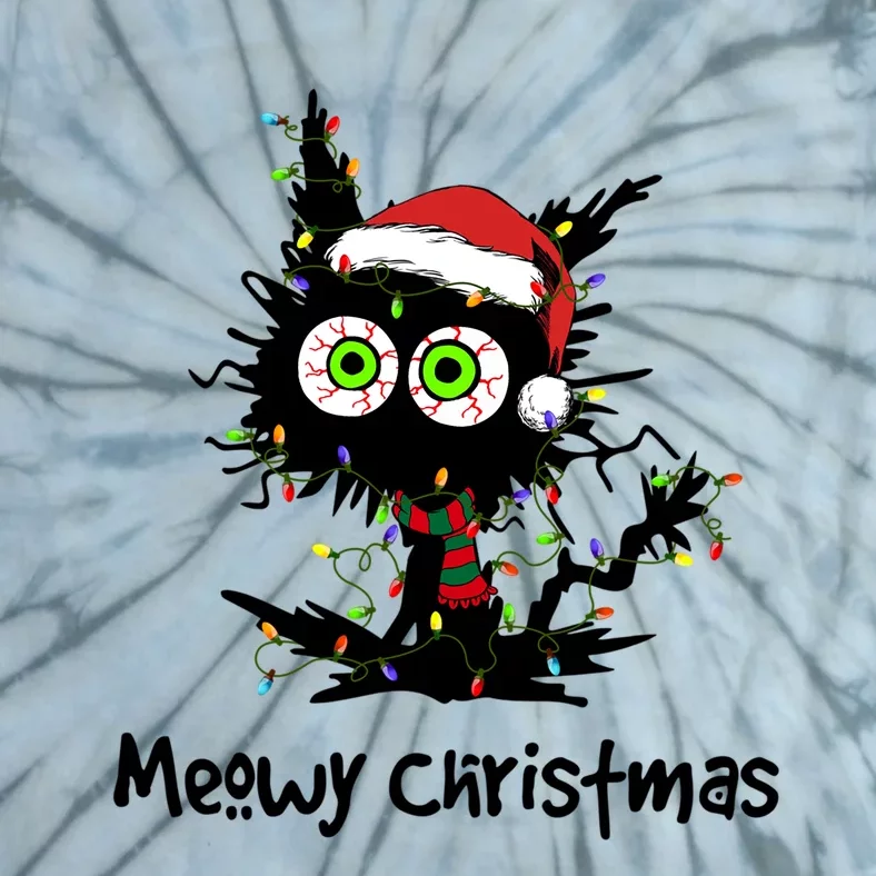 Meowy Christmas Black Cat Light Christmas Pajamas Funny Gift Tie-Dye T-Shirt