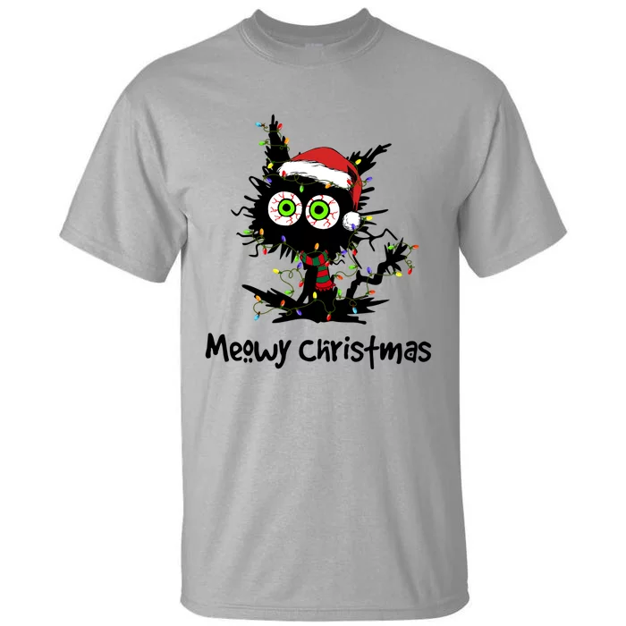 Meowy Christmas Black Cat Light Christmas Pajamas Funny Gift Tall T-Shirt