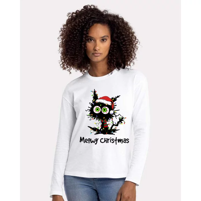 Meowy Christmas Black Cat Light Christmas Pajamas Funny Gift Womens Cotton Relaxed Long Sleeve T-Shirt