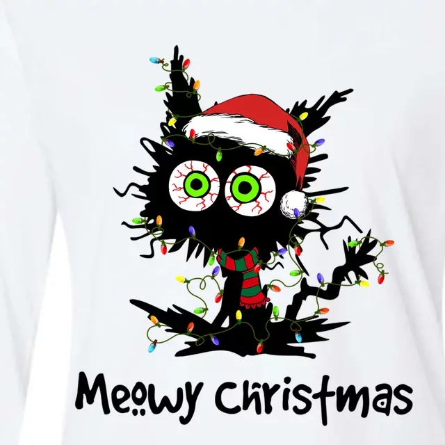 Meowy Christmas Black Cat Light Christmas Pajamas Funny Gift Womens Cotton Relaxed Long Sleeve T-Shirt