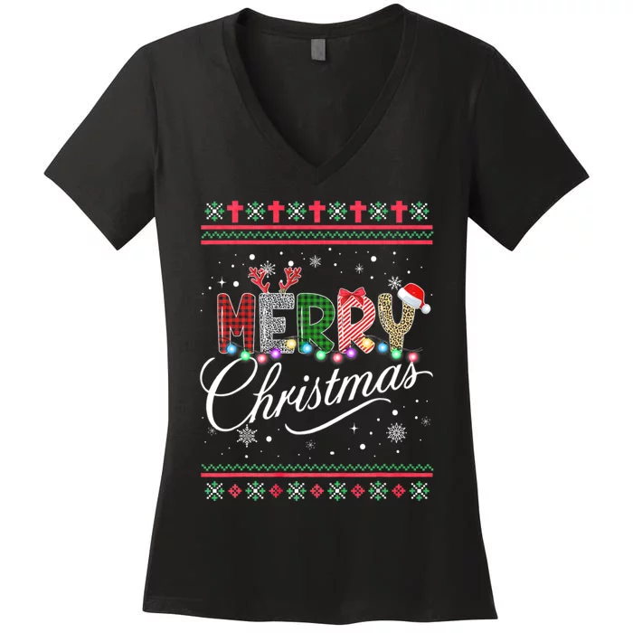 Merry Christmas Buffalo Plaid Red Santa Hat Xmas Pajamas Women's V-Neck T-Shirt