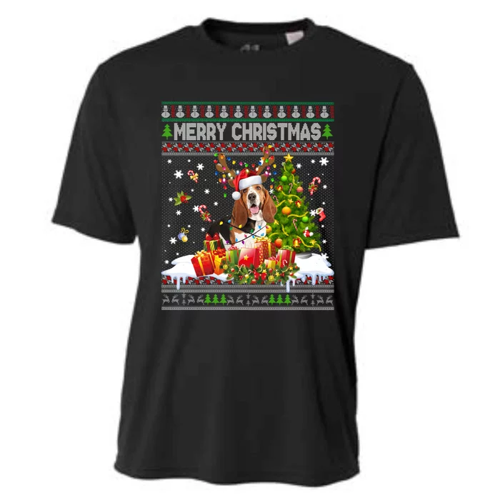 Merry Christmas Basset Hound Santa Xmas Lights Ugly Pajama Great Gift Cooling Performance Crew T-Shirt