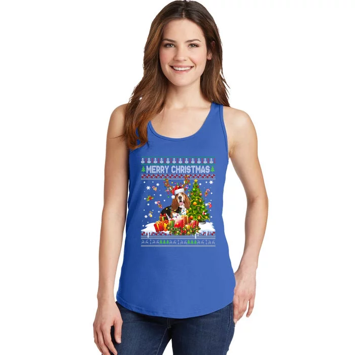 Merry Christmas Basset Hound Santa Xmas Lights Ugly Pajama Great Gift Ladies Essential Tank