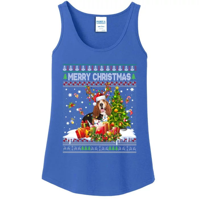 Merry Christmas Basset Hound Santa Xmas Lights Ugly Pajama Great Gift Ladies Essential Tank