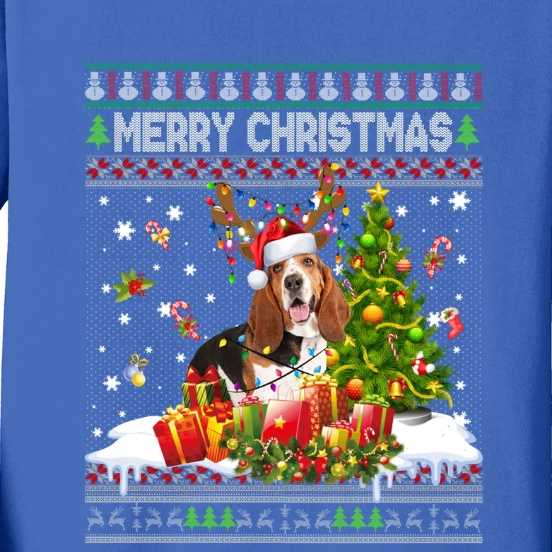 Merry Christmas Basset Hound Santa Xmas Lights Ugly Pajama Great Gift Kids Long Sleeve Shirt