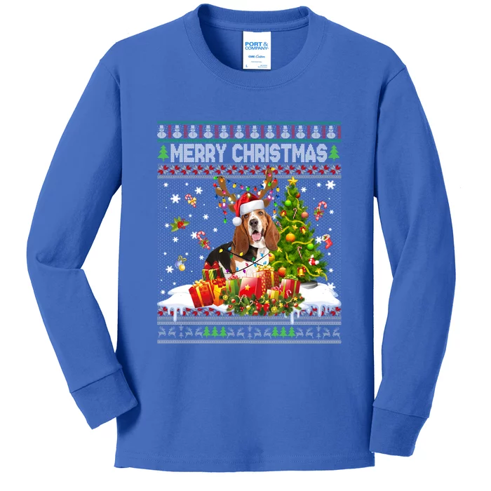 Merry Christmas Basset Hound Santa Xmas Lights Ugly Pajama Great Gift Kids Long Sleeve Shirt