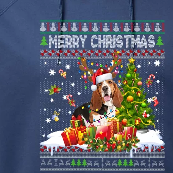 Merry Christmas Basset Hound Santa Xmas Lights Ugly Pajama Great Gift Performance Fleece Hoodie