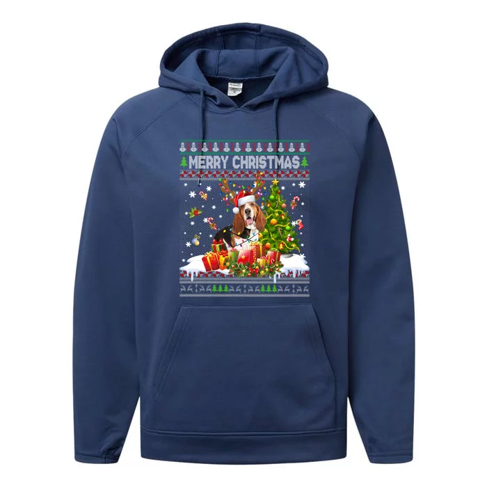 Merry Christmas Basset Hound Santa Xmas Lights Ugly Pajama Great Gift Performance Fleece Hoodie