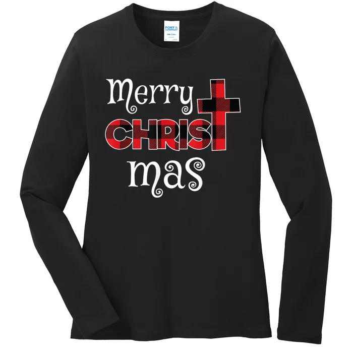 Merry Christmas Buffalo Plaid Ladies Long Sleeve Shirt