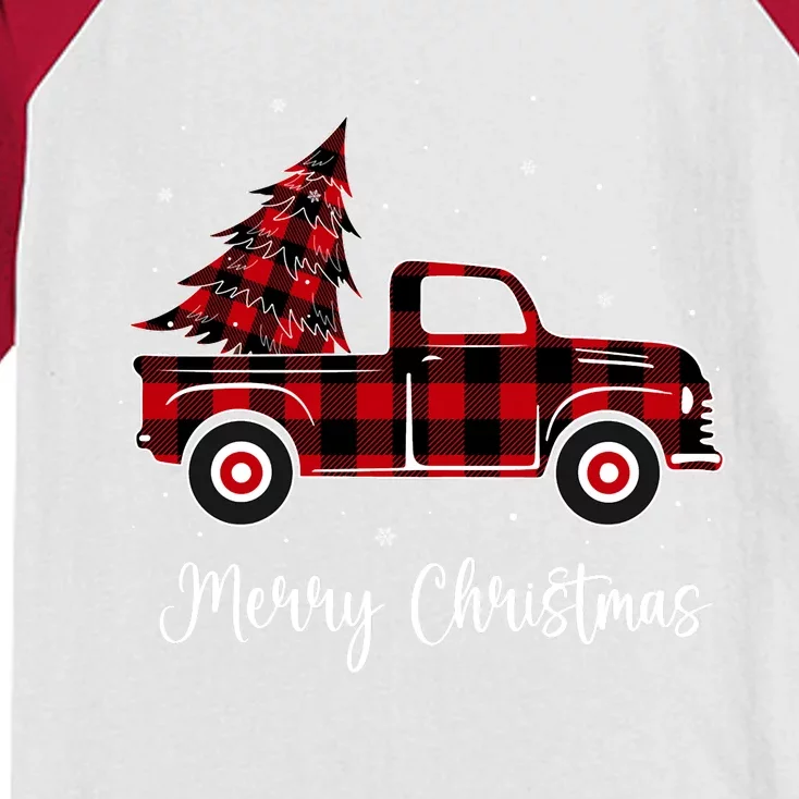 Merry Christmas Buffalo Red Plaid Truck Tree Kids Colorblock Raglan Jersey