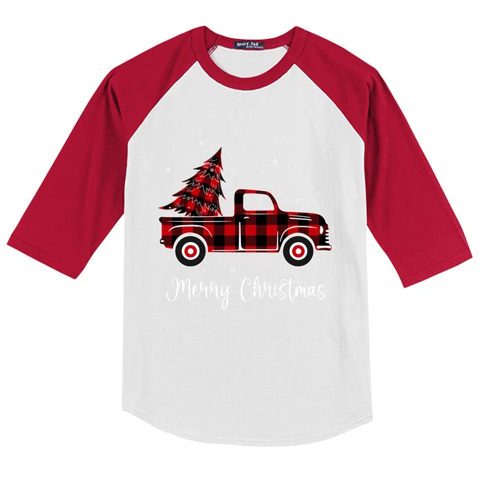 Merry Christmas Buffalo Red Plaid Truck Tree Kids Colorblock Raglan Jersey