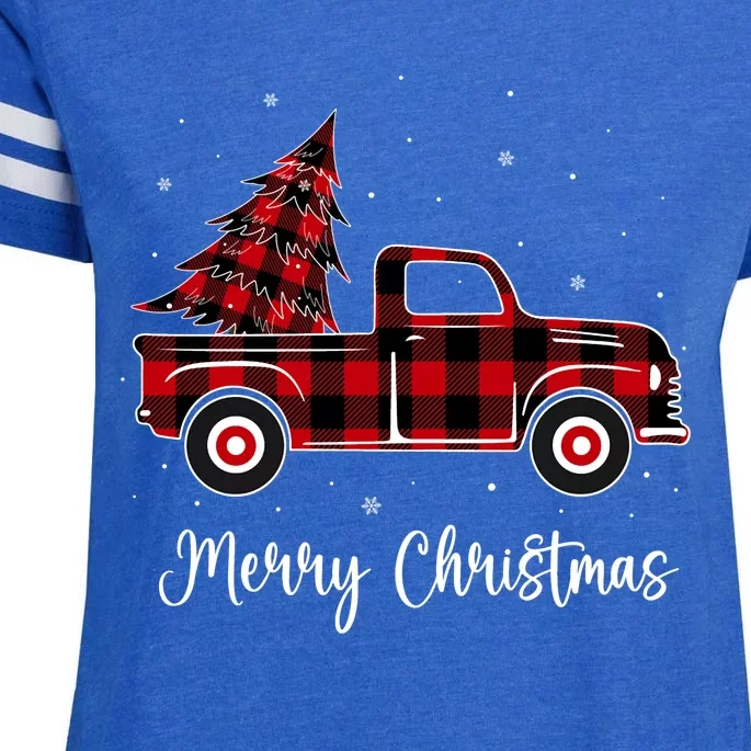 Merry Christmas Buffalo Red Plaid Truck Tree Enza Ladies Jersey Football T-Shirt