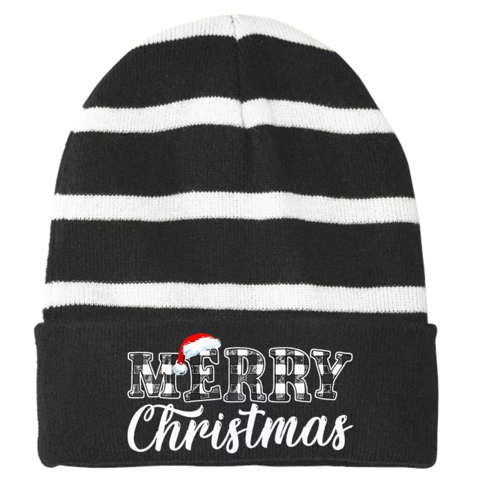 Merry Christmas Buffalo Black And White Plaid For Striped Beanie with Solid Band