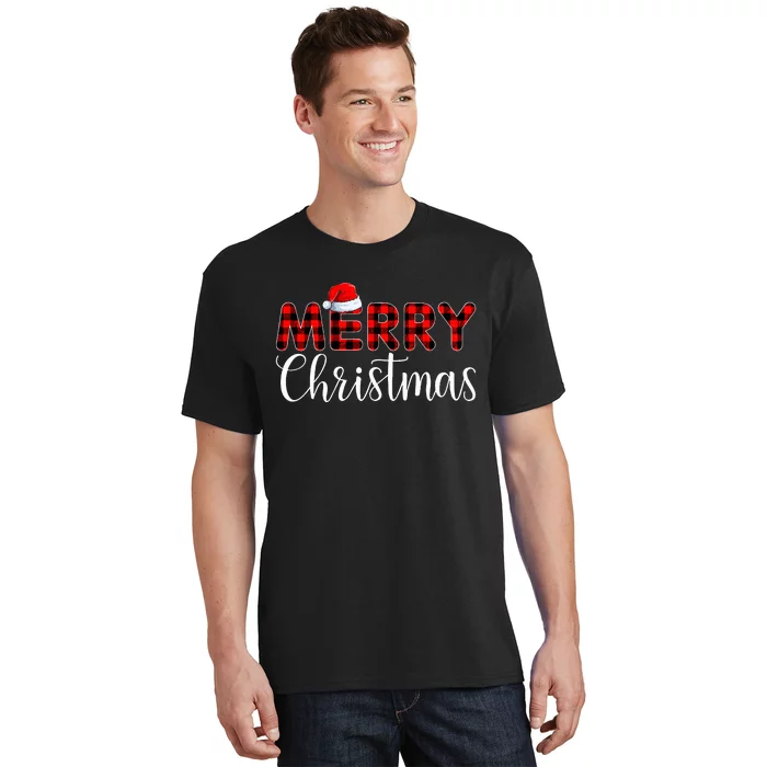 Merry Christmas Buffalo Plaid Red Santa Hat Pajama T-Shirt