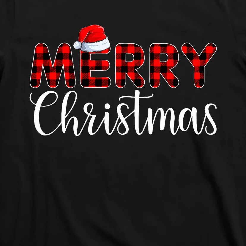 Merry Christmas Buffalo Plaid Red Santa Hat Pajama T-Shirt