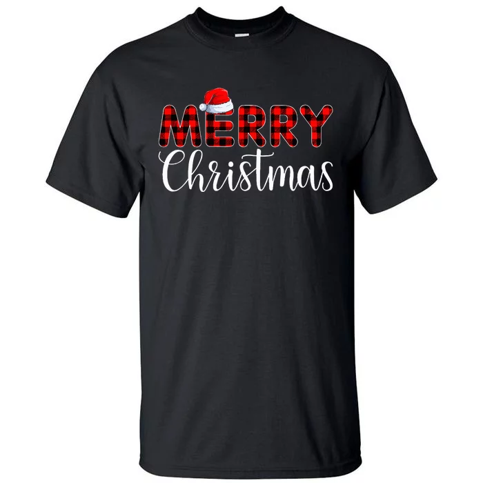 Merry Christmas Buffalo Plaid Red Santa Hat Pajama Tall T-Shirt