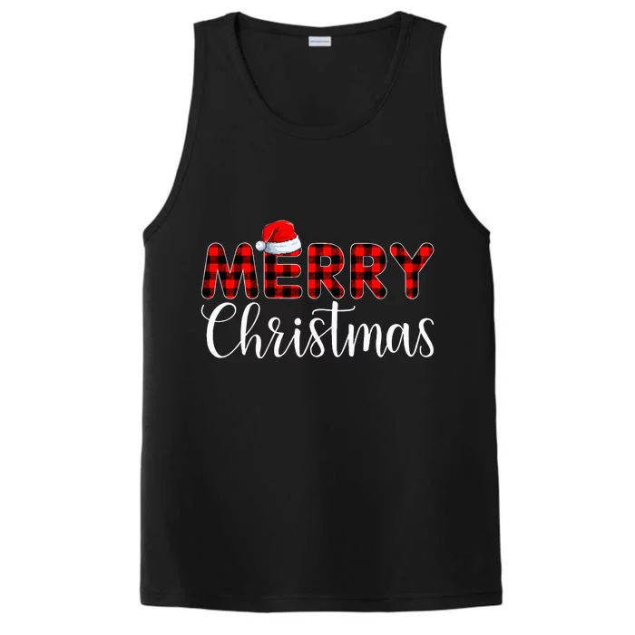 Merry Christmas Buffalo Plaid Red Santa Hat Pajama Performance Tank