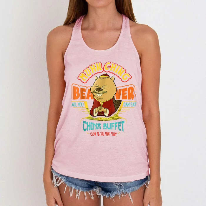 Muhn Ching Beaver All You Can Eat China Buffet Chow Women's Knotted Racerback Tank