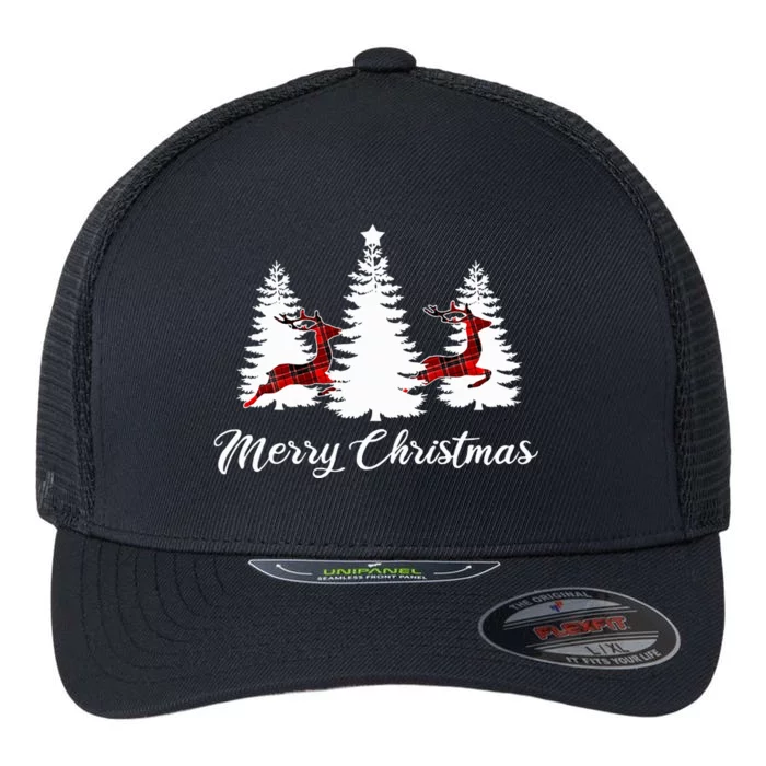 Merry Christmas Buffalo Plaid Reindeer Tree Flexfit Unipanel Trucker Cap