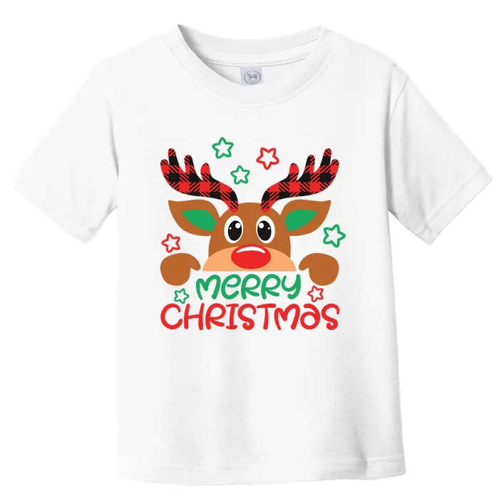 Merry Christmas Buffalo Plaid Reindeer Toddler T-Shirt