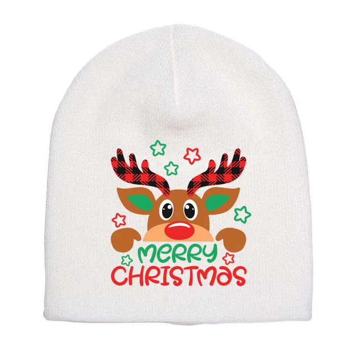 Merry Christmas Buffalo Plaid Reindeer Short Acrylic Beanie