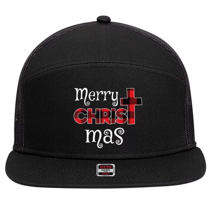 Merry Christmas Buffalo Plaid 7 Panel Mesh Trucker Snapback Hat