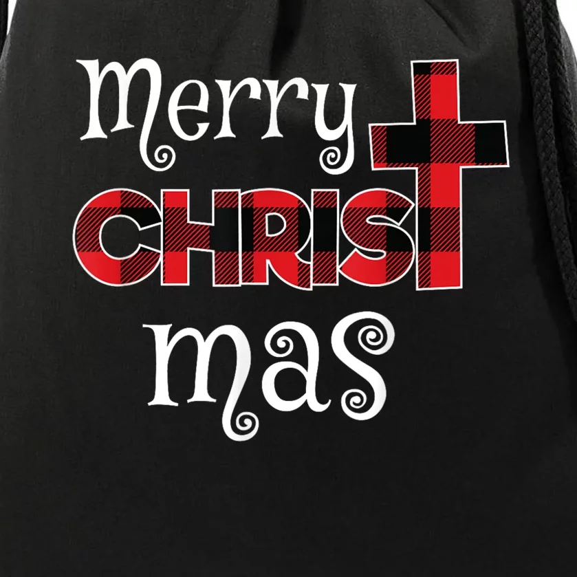 Merry Christmas Buffalo Plaid Drawstring Bag