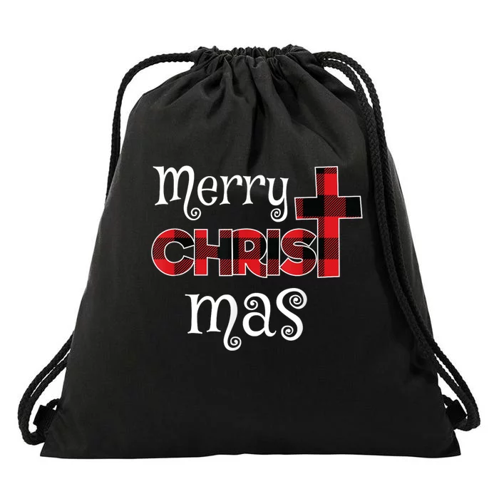 Merry Christmas Buffalo Plaid Drawstring Bag