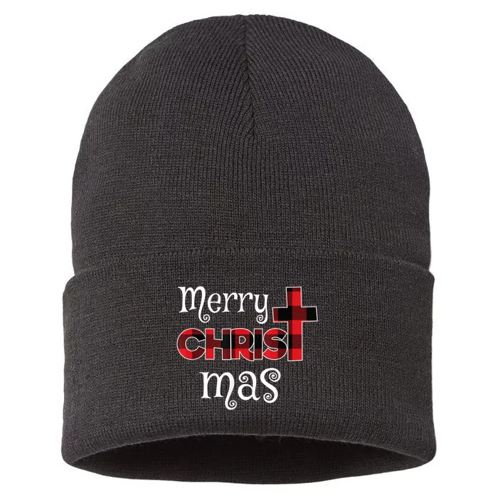 Merry Christmas Buffalo Plaid Sustainable Knit Beanie