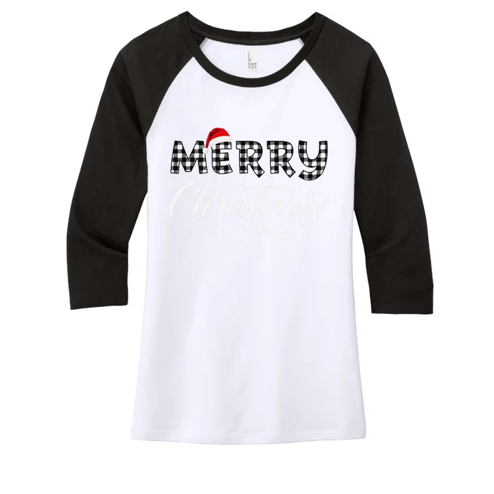 Merry Christmas Buffalo Black And White Plaid Women's Tri-Blend 3/4-Sleeve Raglan Shirt