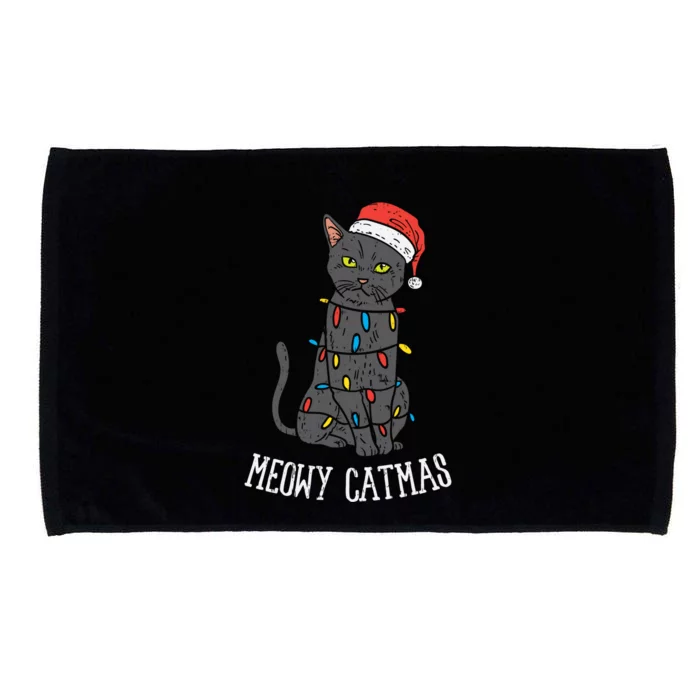 Meowy Catmas Black Cat Christmas Lights Santa Hat Funny Gift Cute Gift Microfiber Hand Towel