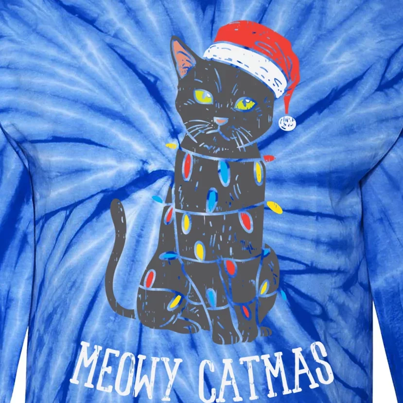 Meowy Catmas Black Cat Christmas Lights Santa Hat Funny Gift Cute Gift Tie-Dye Long Sleeve Shirt