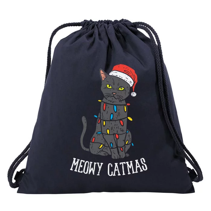 Meowy Catmas Black Cat Christmas Lights Santa Hat Funny Gift Cute Gift Drawstring Bag