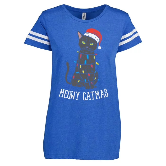 Meowy Catmas Black Cat Christmas Lights Santa Hat Funny Gift Cute Gift Enza Ladies Jersey Football T-Shirt