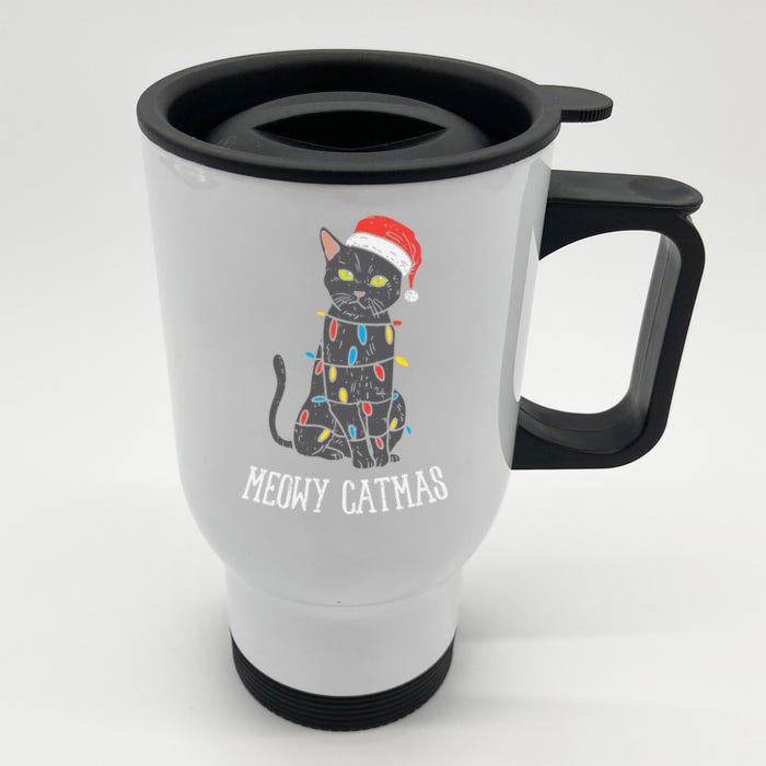 Meowy Catmas Black Cat Christmas Lights Santa Hat Funny Gift Cute Gift Front & Back Stainless Steel Travel Mug