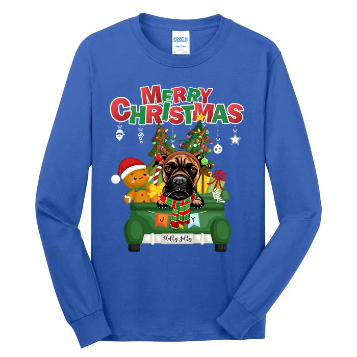 Merry Christmas Boxer Dog Reindeer Riding Green Truck Cool Gift Tall Long Sleeve T-Shirt