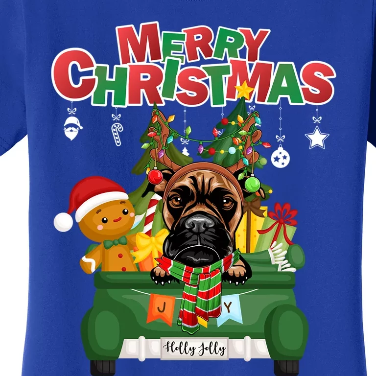 Merry Christmas Boxer Dog Reindeer Riding Green Truck Cool Gift Women's T-Shirt