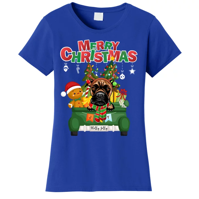 Merry Christmas Boxer Dog Reindeer Riding Green Truck Cool Gift Women's T-Shirt