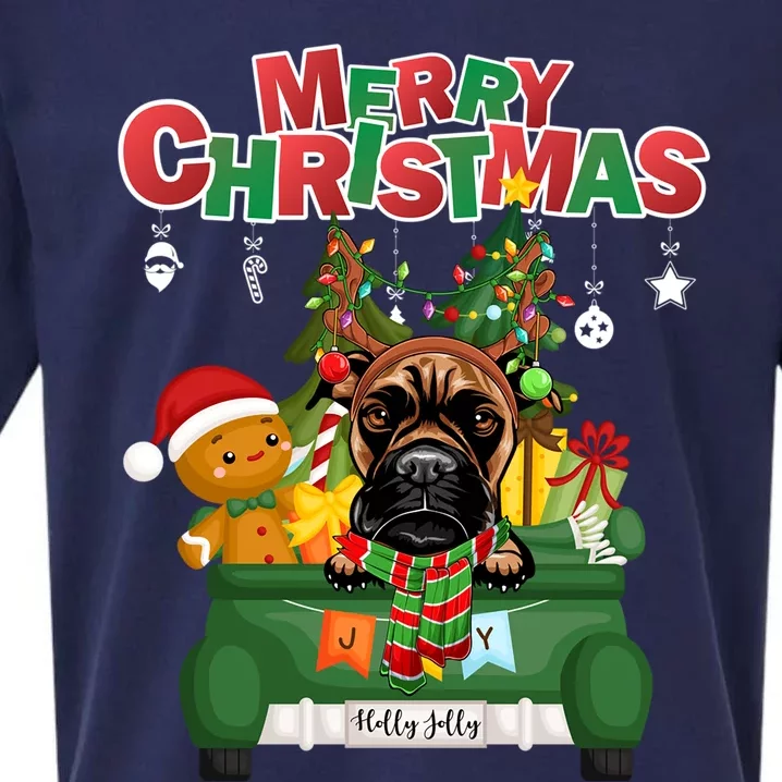 Merry Christmas Boxer Dog Reindeer Riding Green Truck Cool Gift Sueded Cloud Jersey T-Shirt