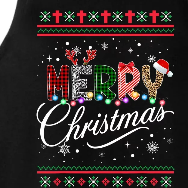 Merry Christmas Buffalo Plaid Red Santa Hat Xmas Pajamas Ladies Tri-Blend Wicking Tank