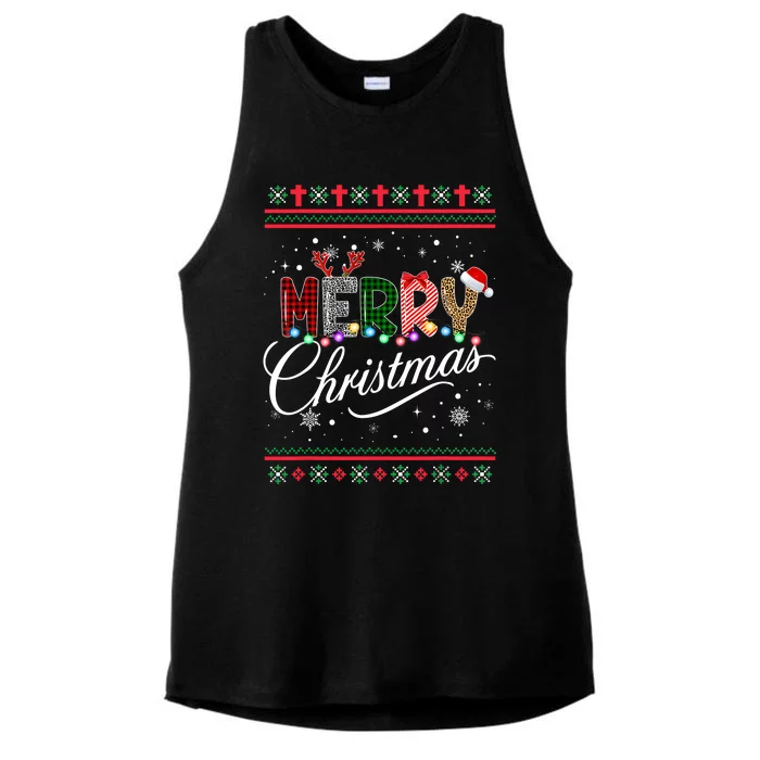 Merry Christmas Buffalo Plaid Red Santa Hat Xmas Pajamas Ladies Tri-Blend Wicking Tank