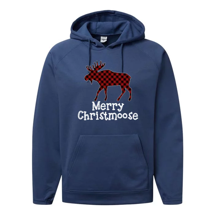 Merry Christmoose Buffalo Plaid Christmas Moose Funny Gift Performance Fleece Hoodie