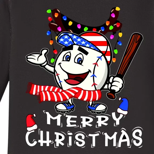 Merry Christmas Baseball Player Baby Long Sleeve Bodysuit