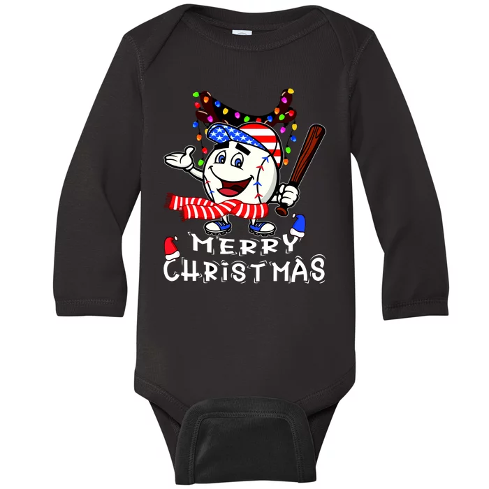 Merry Christmas Baseball Player Baby Long Sleeve Bodysuit