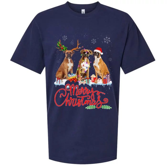 Merry Christmas Boxer Dog Santa Reindeer Light Xmas Pajamas Sueded Cloud Jersey T-Shirt